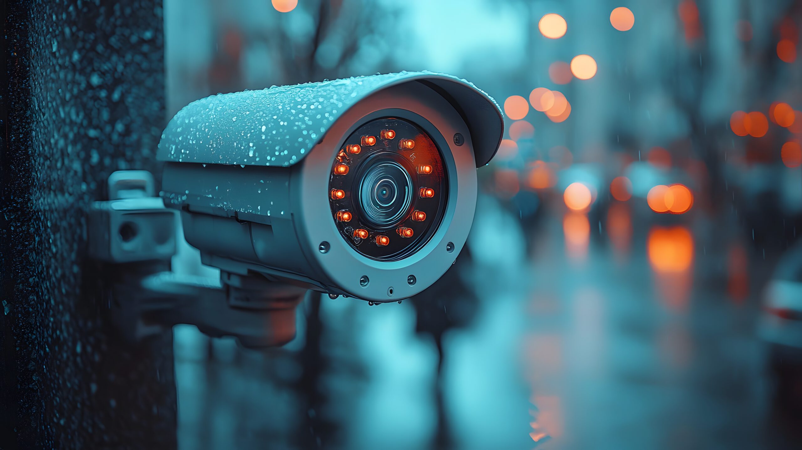 High-tech CCTV cameras monitoring a busy urban street